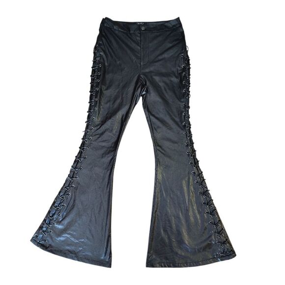 AKIRA Black Perfect Control Faux Leather Lace Up Flare Pants LG *NO OFFERS* - Picture 2 of 16